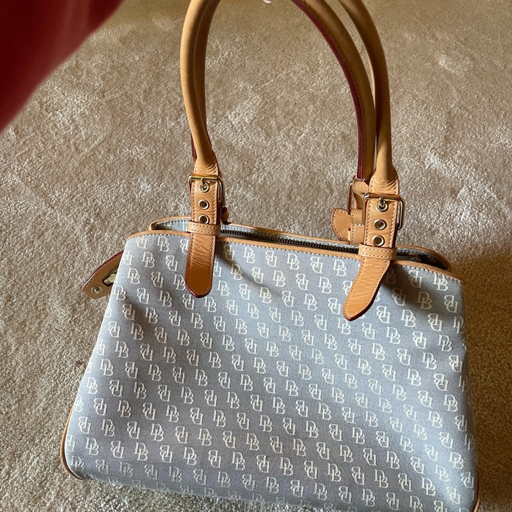 Dooney & Bourke Light Blue Signature Satchel with Tan Trim